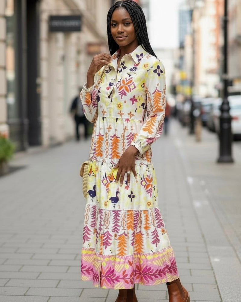 Off White Mix Graphic Print Long Sleeve Collared Button Neck Midi Dress