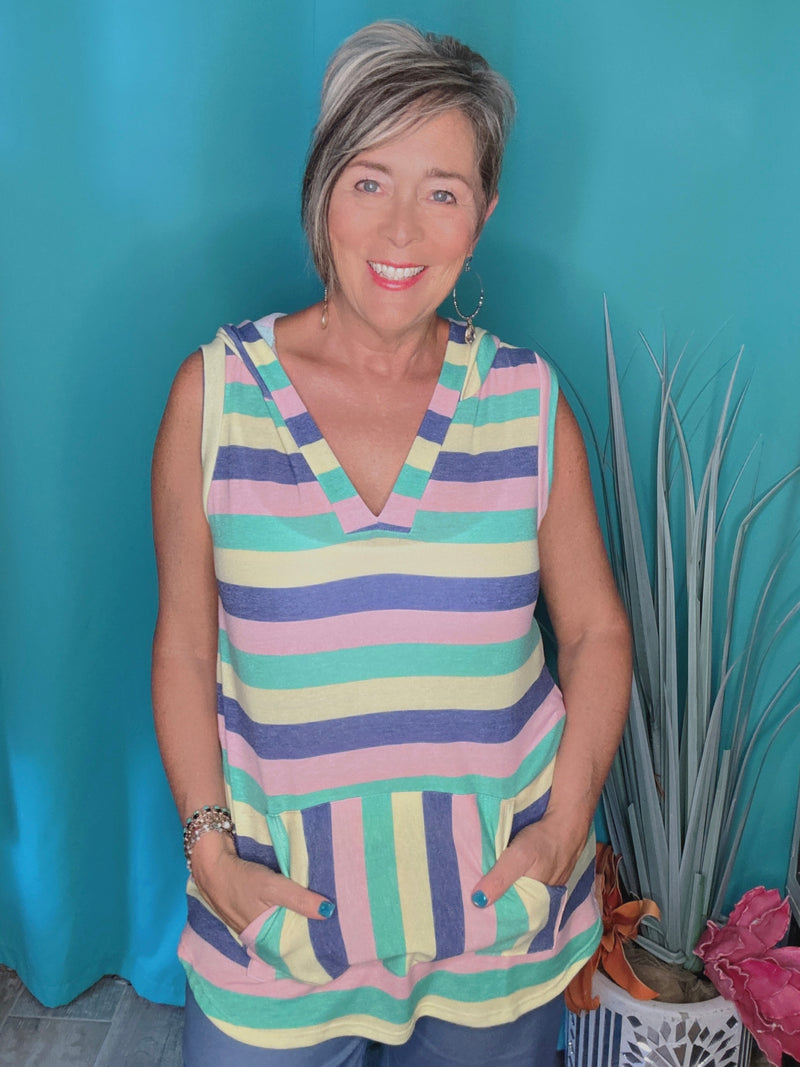 Rainbow Pastel Striped Sleeveless Tank Hi Lo T-Shirt Pocket Hooded Top