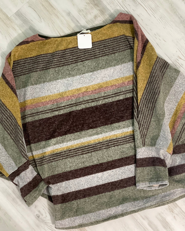 Plus Size Brown, Grey & Green Striped Fleece Long Dolman Sleeve Pullover Top