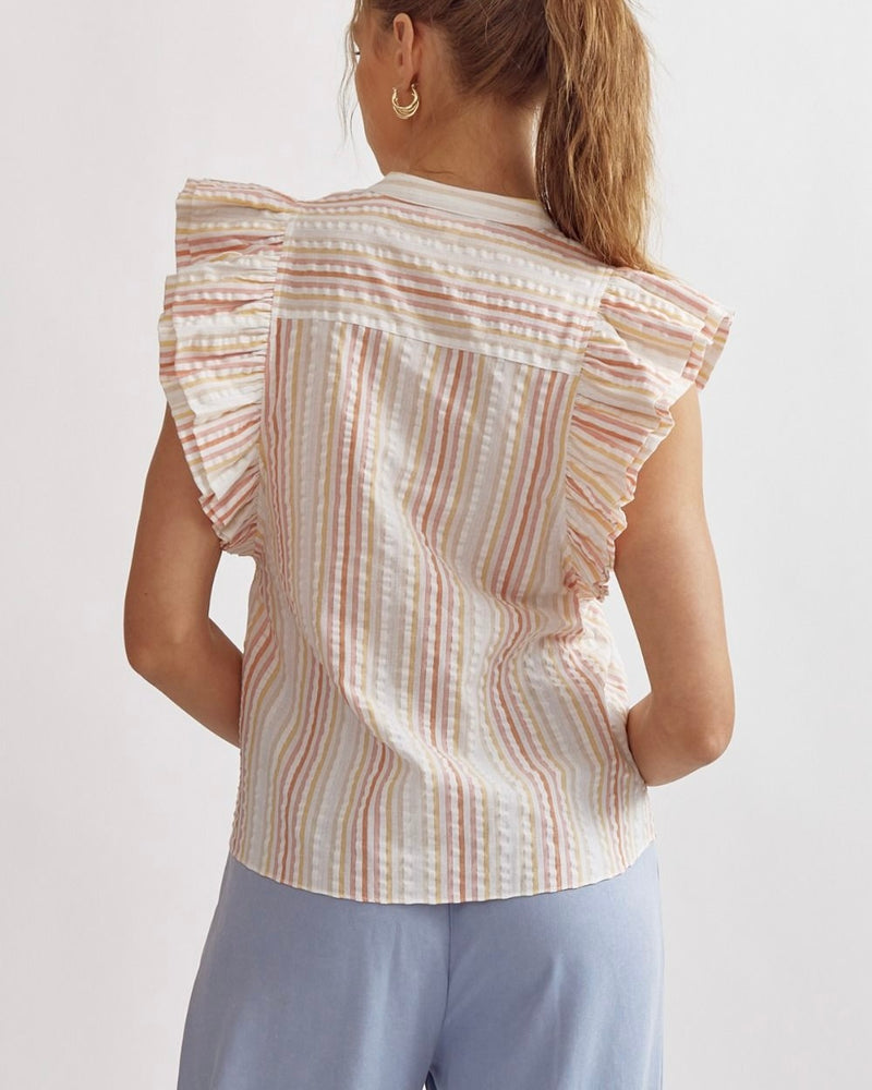 Light Pastel Textured Stripe Button Up Tiered Ruffle Short Sleeve Top