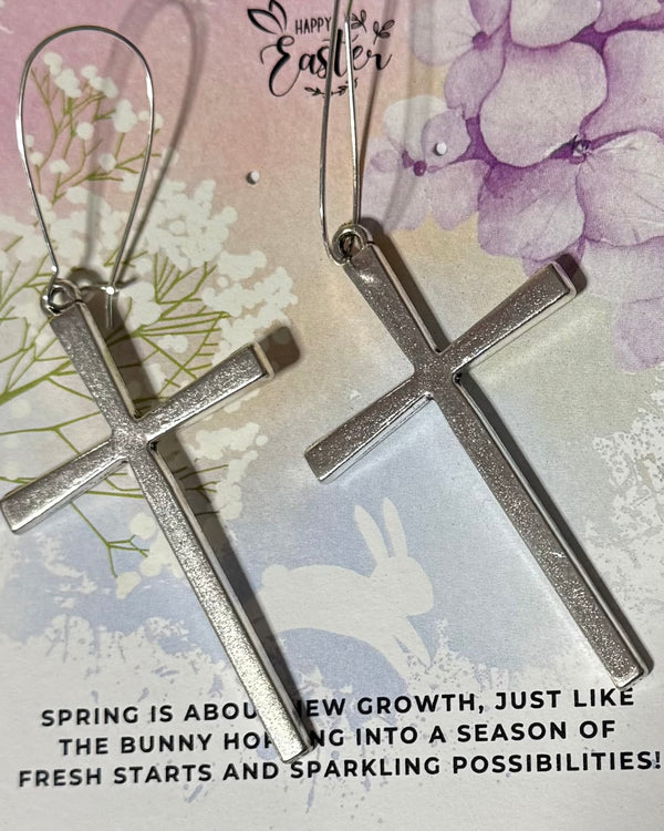 Silver, Gold or Brass Tone Cross Drop Hoop Earring