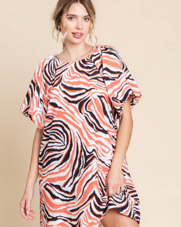 Blush Peach Orange & Black Tiger Stripe Print Short Bubble Sleeve Pocket Dress
