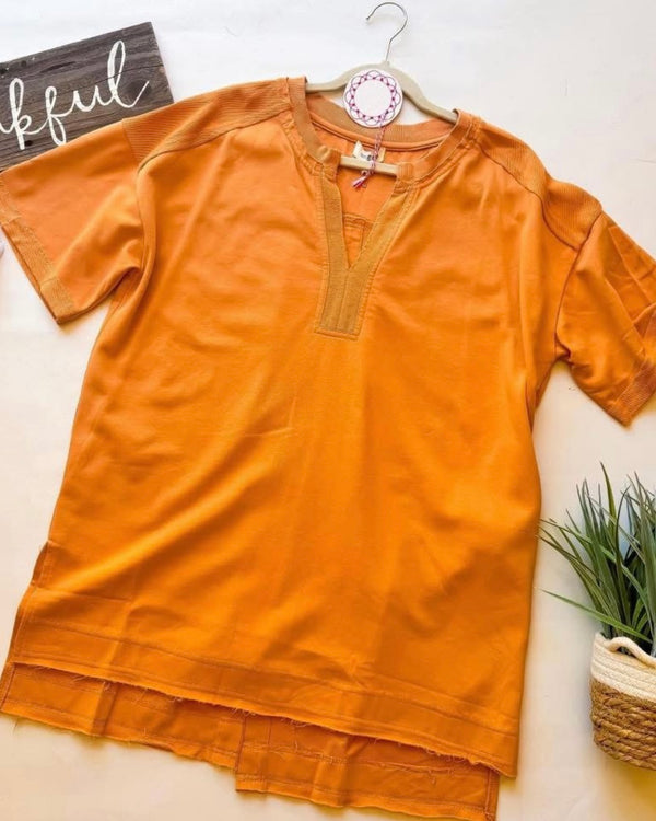 Terra Cotta High Lo Short Sleeve Split Tunic Top