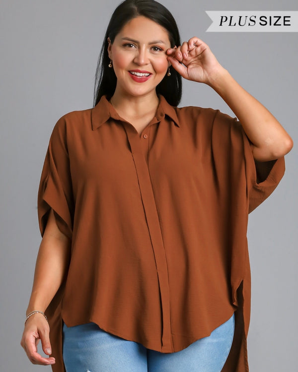 Plus Size Cinnamon Rust Drop Shoulder Oversized HI Lo Pleat Front Cap Sleeve