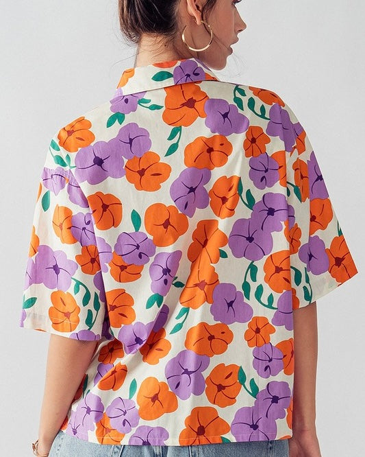 Red & Purple Poppy Button Front Short Elbow Sleeve Collared Top