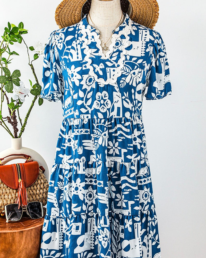 Blue & White Ricrac Trim Split Neck Floral Short Sleeve Dress