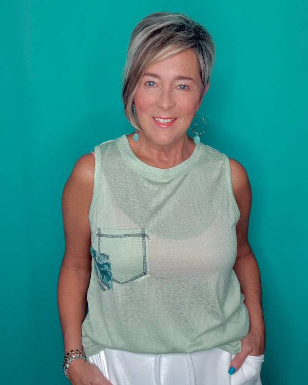 Solid Sage Green Boho Sleeveless Tank Front Pocket Tshirt Top