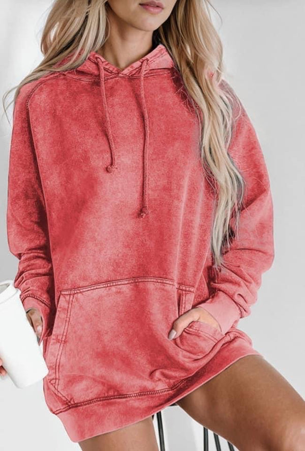 Faded Red Pullover Pocket Front Sweatshirt Drawstring Hoodie