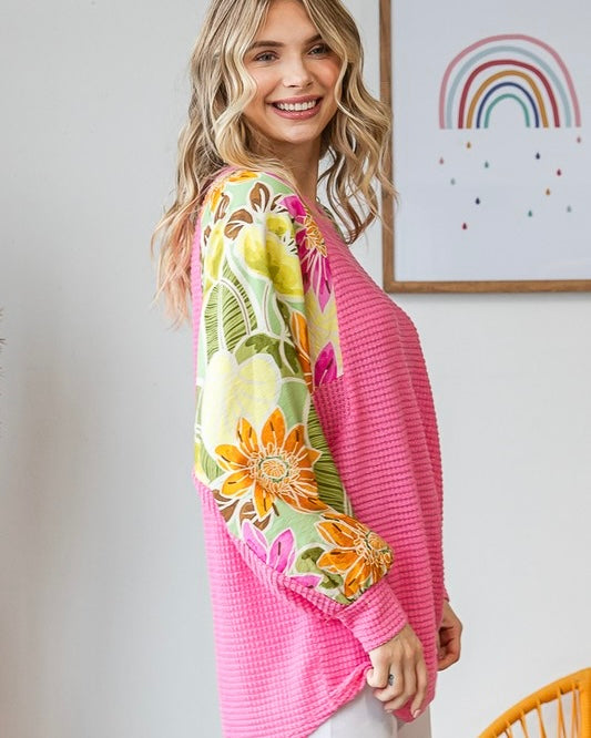 Solid White or Pink Waffle Top with Contrasting Colorful Floral Long Sleeve Top