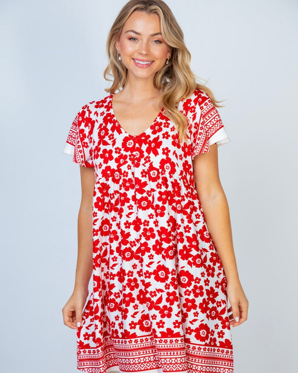 White w/Red Flower Short Sleeve Scoop Neckline Dress