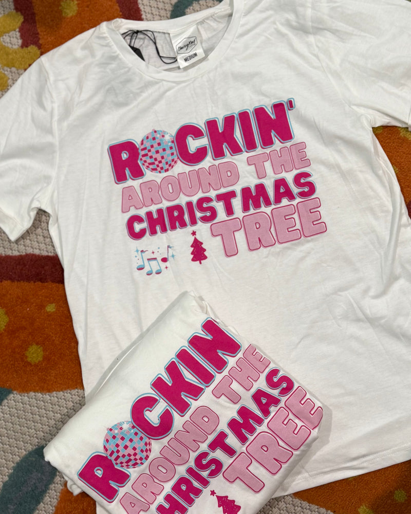 White w/Pink "Rockin Around The Christmas Tree" Graphic T-Shirt Top