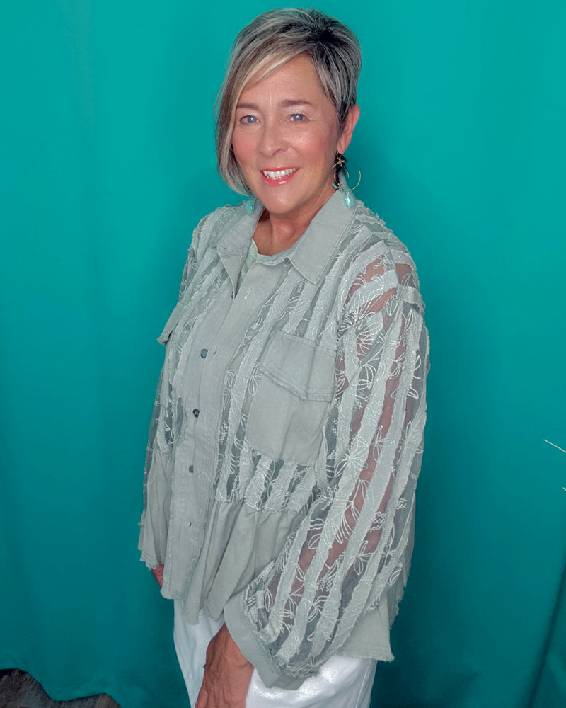 Boho Sage Green Light Denim & Lace Babydoll Cut Button Down Long Sleeve Jacket Top