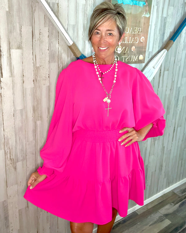 Hot Pink Smocked Long Sleeve Tiered Mid Dress