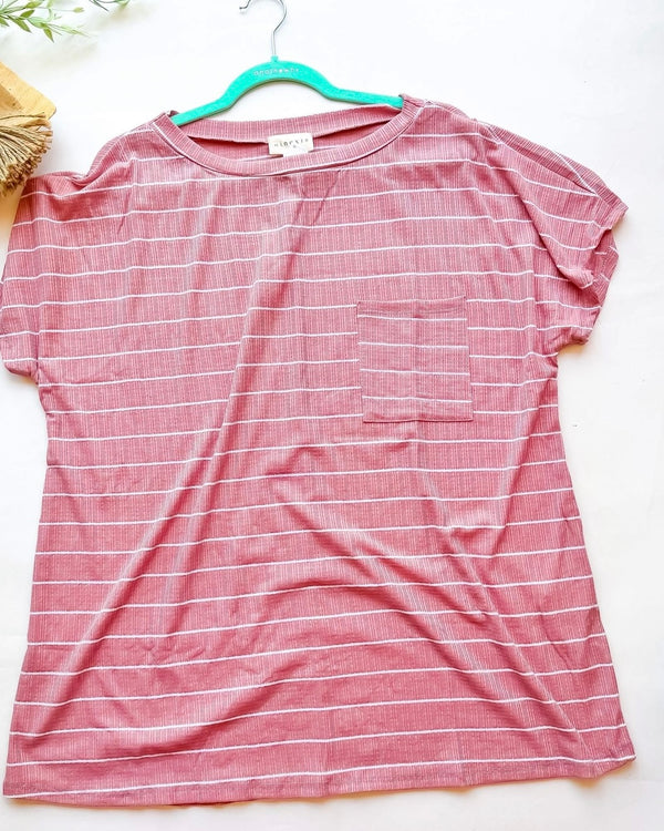 Plus Size Pink Stripe Short Sleeve Pullover Top