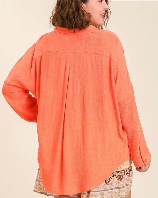 Coral Peach Crinkle Collar Button Down Long Sleeve Blouse