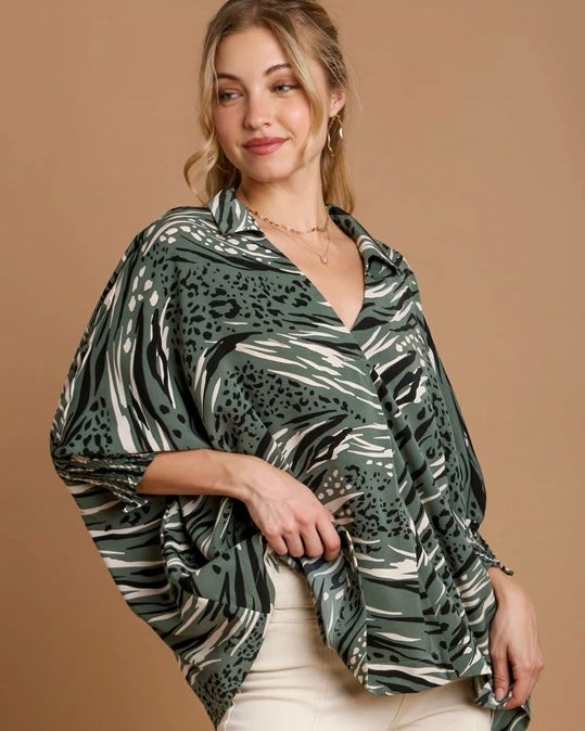 Green, Black & Cream Abstract Mix Animal Print 3/4 Smock Sleeve Tunic Top