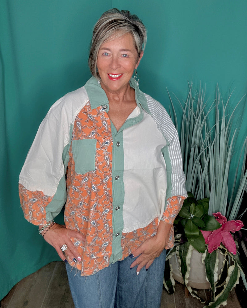 Cotton Boho Apricot Peach, Sage Green & Cream Mix Media Block Button Down 3/4 Wide Sleeve Collared Raglan Shoulder Fray Edge Oversize Top