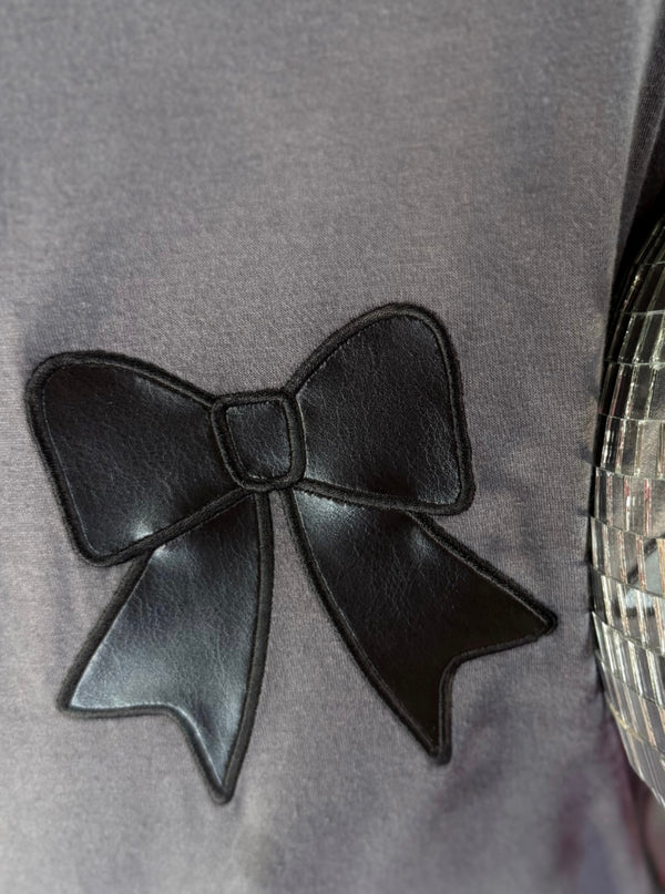 Charcoal Gray Black Faux Leather Bow Short Sleeve Tshirt Top