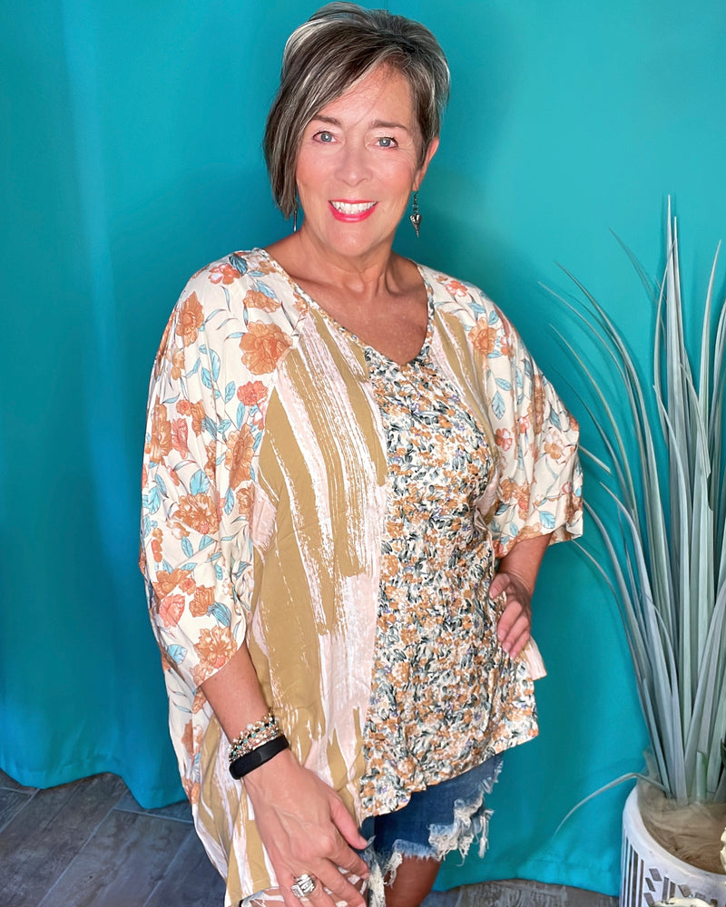 Yellow Gold Mix Boho Abstract & Floral Long Flare Sleeve Tunic Top