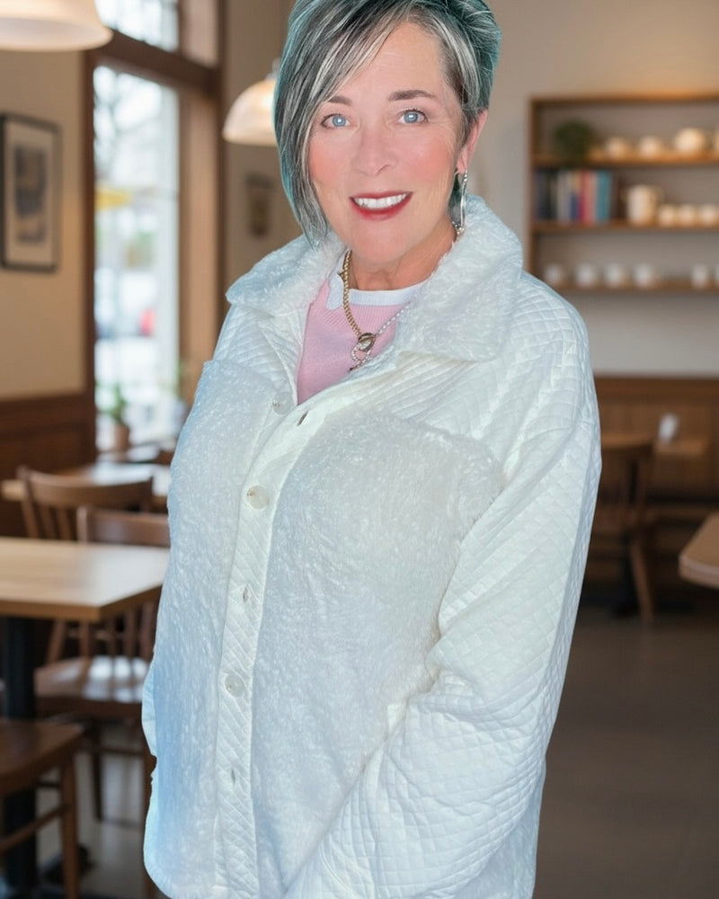 Cream Off White Quilted Sherpa Patchwork Button Up Shacket