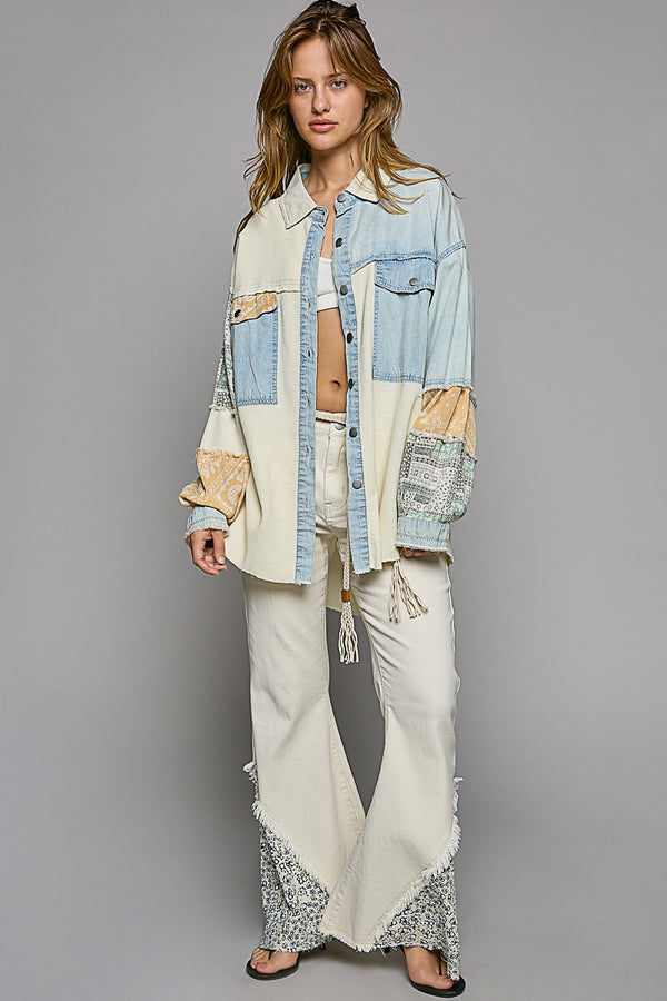 Boho Khaki Denim, Waffle & Lace Hi Lo Oversized Patch Balloon Sleeve Button Down Shirt/Jacket