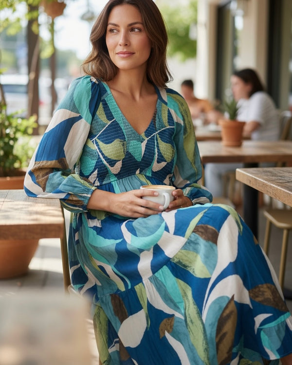 Blue & Green Abstract Print Flowy Long Sleeve Smock Maxi Dress