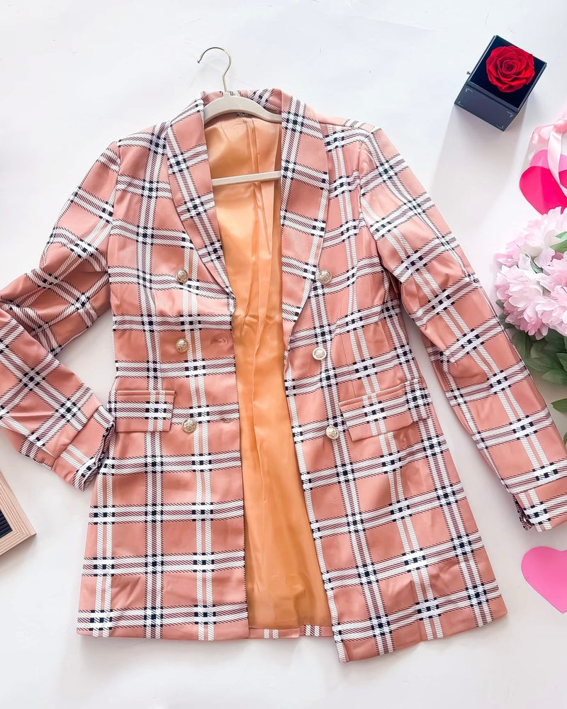 Classic Tan Plaid Lapel Button Double Breasted Blazer Suit Jacket