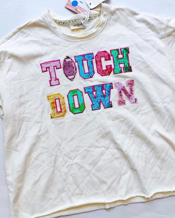 Cream Multicolor Sequin "Touch Down" Game Day Short Sleeve Raw Edge Top