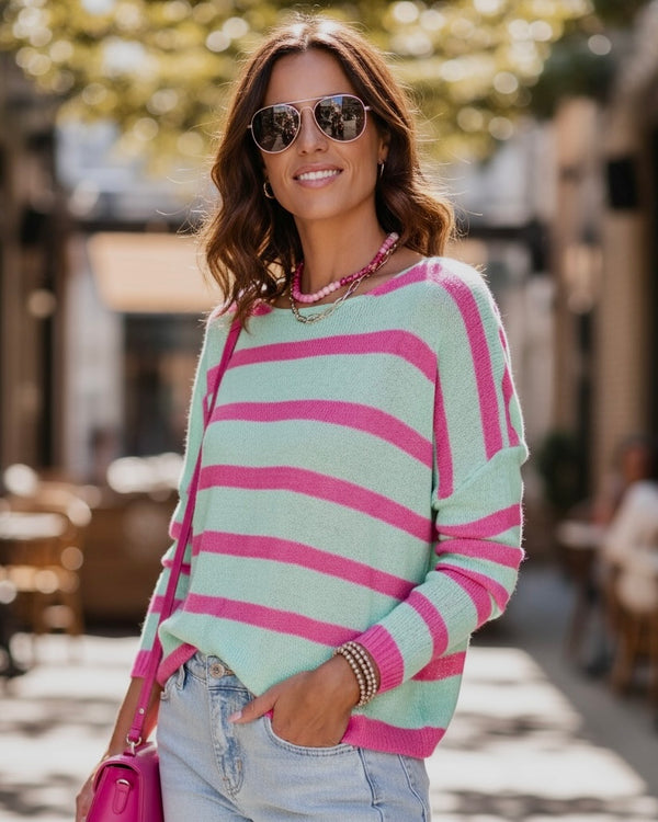 Turquoise & Pink Stripe Long Sleeve Lightweight Knit Sweater Top