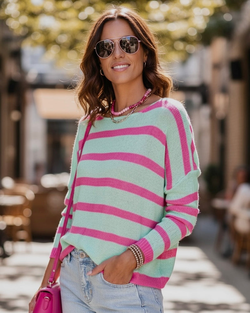 Turquoise & Pink Stripe Long Sleeve Lightweight Knit Sweater Top