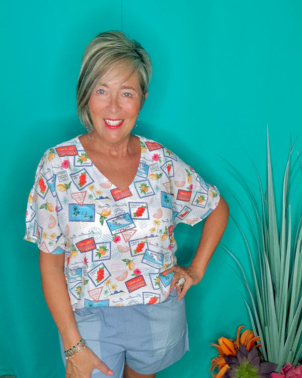 White Multicolor Passport Tropical Vacay Short Sleeve Top