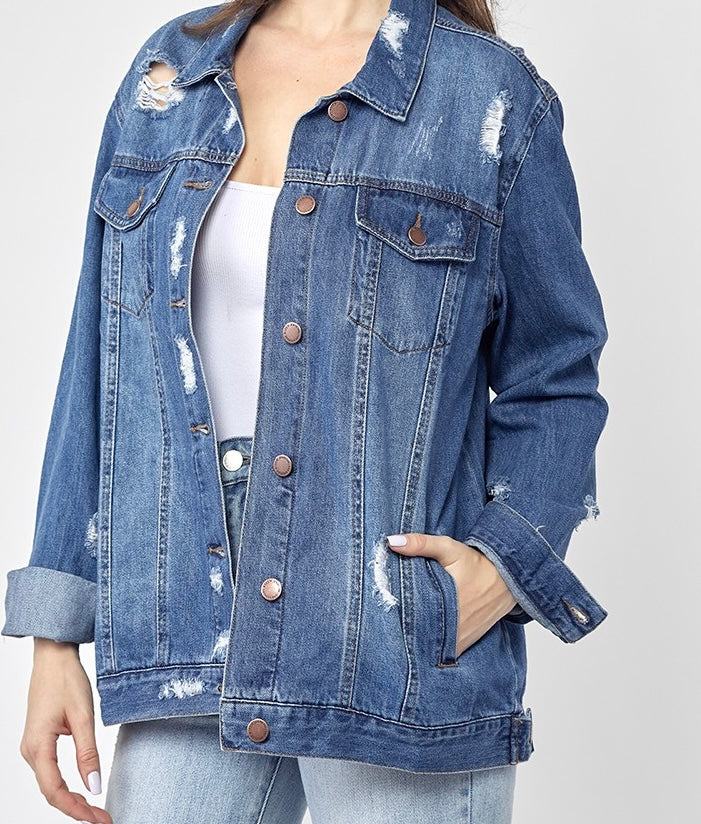 Plus Size Medium Blue Wash Long Sleeve Distressed Pocket Blue Jean Denim Jacket