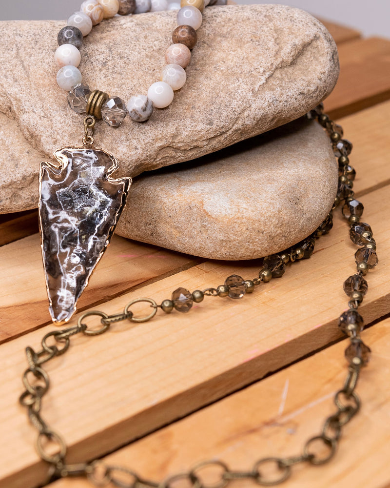 Grey & Neutral Tone Long Beaded Style Necklace w/Gun Metal Arrow Head Crystal Pendant