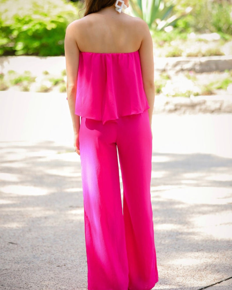 Hot Pink Lightweight Strapless Sleeveless Ruffle Front Pant Jumpsuit