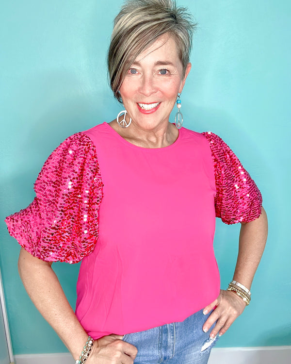 Hot Pink Round Neck Top with Short Bubble Puff Sequin Sleeves