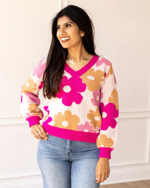 Pink & Khaki Retro Flowers on Cream Backgroud Long Sleeve Round Neck Sweater Top