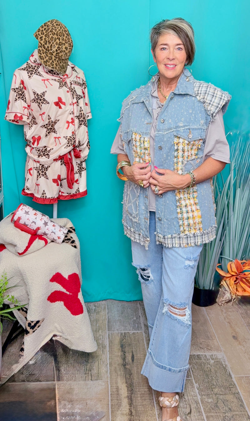 Denim Mix Patch Button Down Vest Jacket