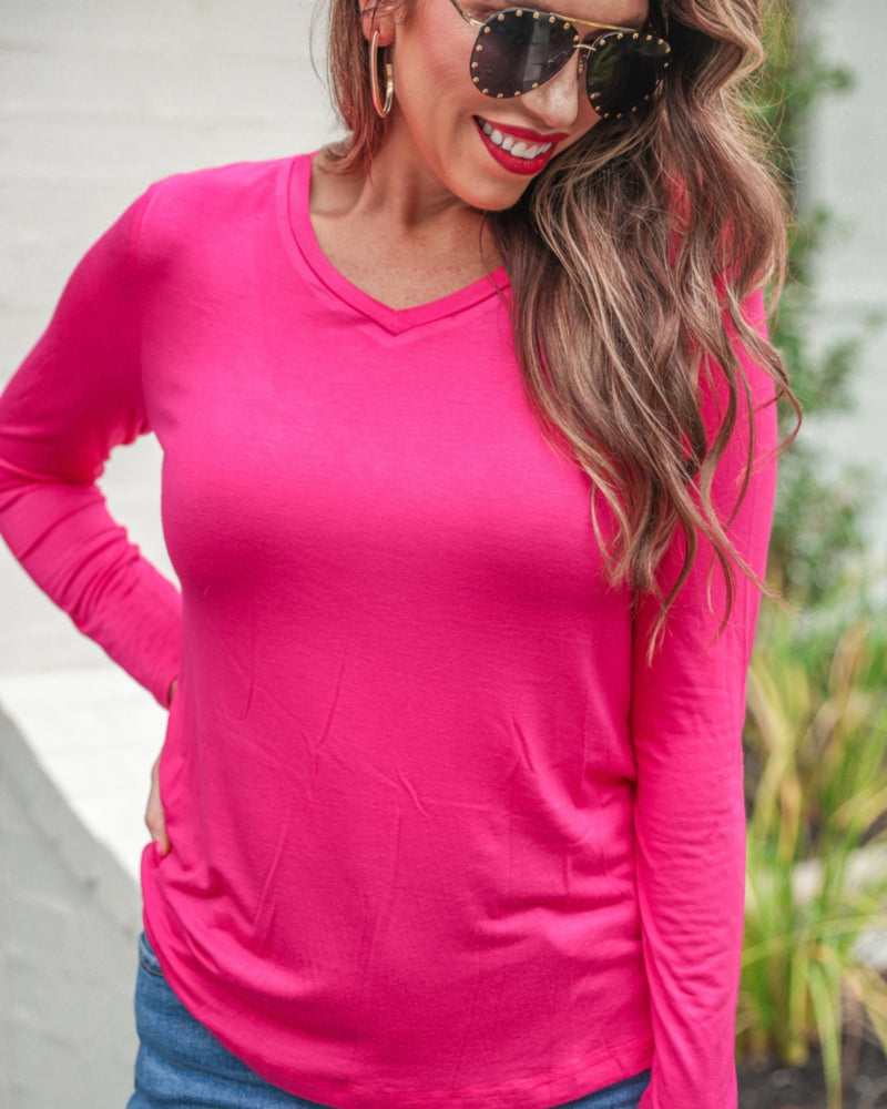 Pink Long Sleeve Brittany Basic Round Neck Top