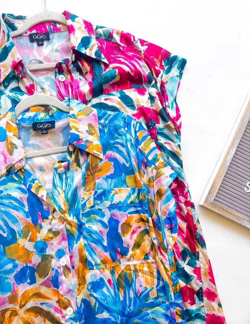 Blue & Gold or Magenta & Teal Tropical Abstract Print Button Down Maxi Cap Sleeve Dress