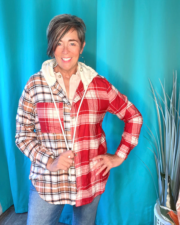 Red & Brown Plaid Color Block Light Flannel Button Down Pocket Hoodie