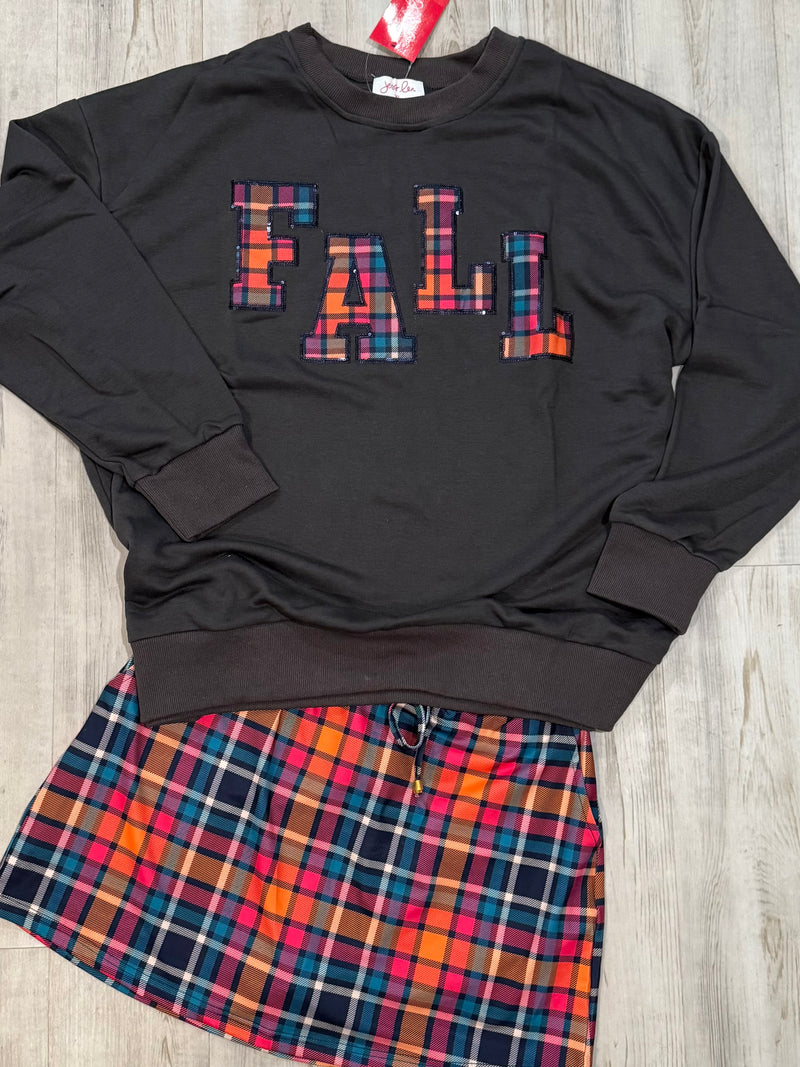 "Fall" Dark Gray Plaid Patch Pullover Sweatshirt Top