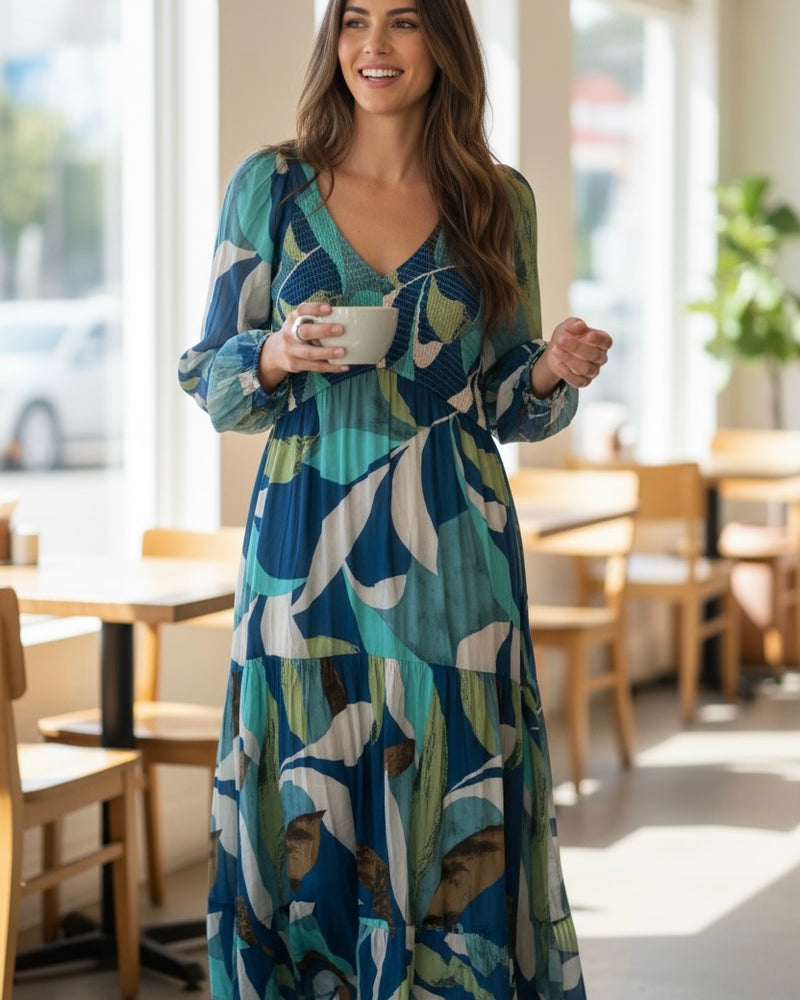 Blue & Green Abstract Print Flowy Long Sleeve Smock Maxi Dress