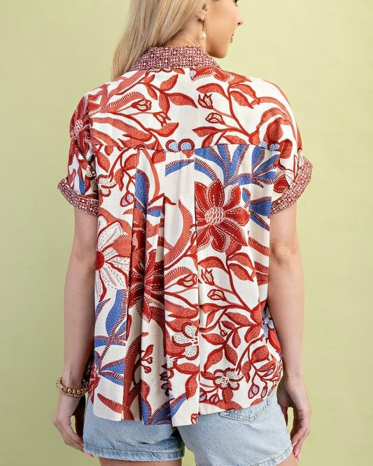 Mixed Contrasting Floral Print Brown or Crimson Button Down Short Sleeve Top