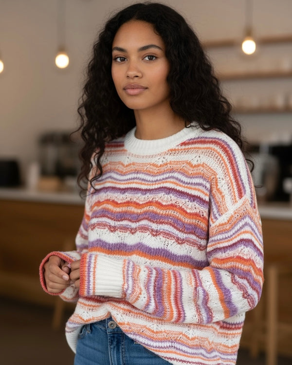 Cream Multicolor Stripe Pattern Long Sleeve Yarn Stitch Sweater