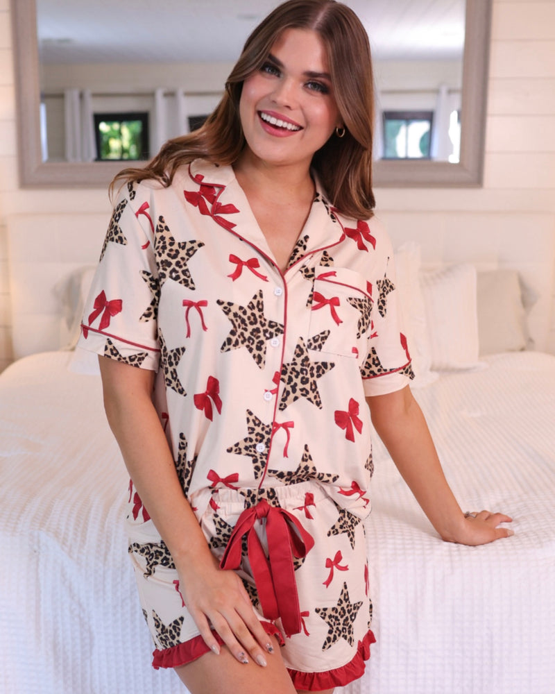 Simply Untamed Leopard & Bows 2 Pc Pajama PJ Short Set