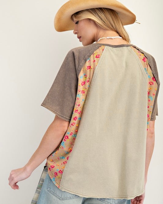 Brown & Khaki Heart Patch Mix & Match Mineral Wash Short Sleeve Top