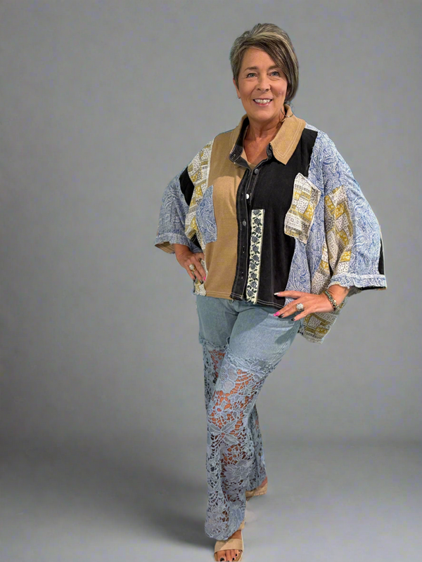 Light Denim Lace Bottom Straight Leg Jean Pants