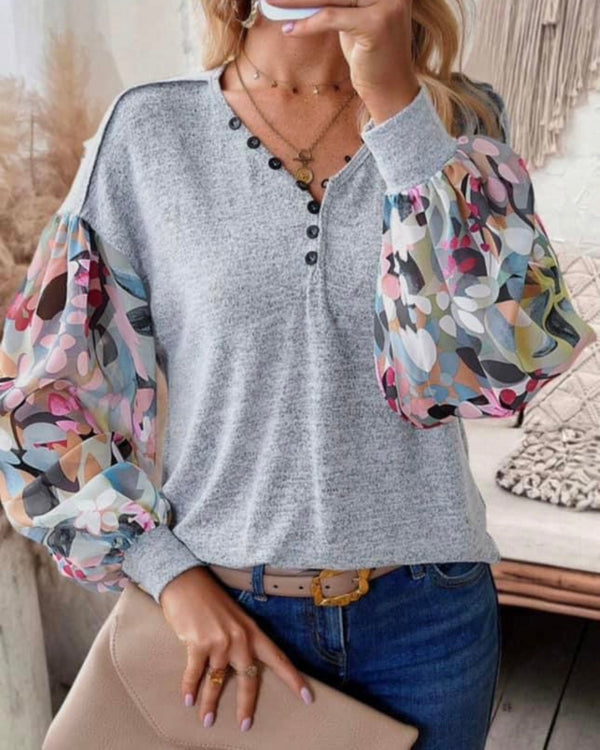 Heather Gray Open Button Neck with Pink & Purple Floral Long Cuff Sleeve Top