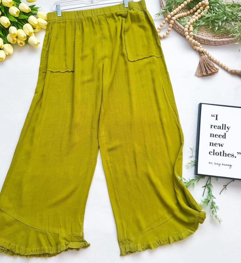 Plus Size Olive Green Cotton & Linen Blend Frayed Edge Detail Wide Ruffle Leg Pocket Pants