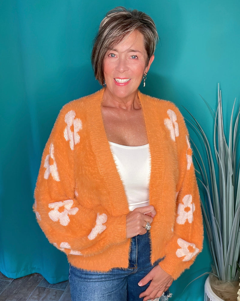 Orange Flower Open Front Long Sleeve Soft Knit Sweater Cardigan